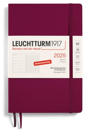 LEUCHTTURM1917 370508 Wochenkalender & Notizbuch Medium (A5) 2025, Softcover, Port Red, Deutsch