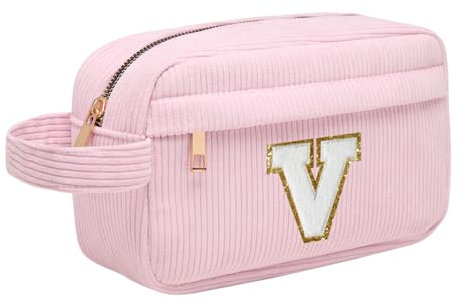 Borsa per cosmetici per donna Personalizzata Iniziale, Pochette Trucchi Viaggio con Tasca Interna, Trousse Trucchi Organizer Cosmetici, Regalo Compleanno Natale Ideale per Donne Ragazze Amic Rosa V