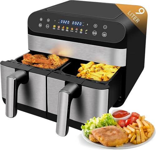 Jacgood 9L Dual Basket Air Fryer, Large Dual Zone Digital Airfryer, 8-IN-1 Cooking Presets, 2 Drawers, with Smart Finish, Healthy Oil Free & Low Fat Cooking, Touch Screen, Non-Stick, Dishwasher Safe