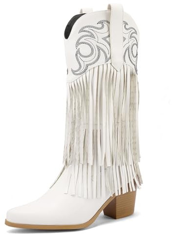 Roimaash Moda Nappe Stivali Per Donne Embroidered Cowgirl Mid Top Stivali Block Heels Stivali Cowboy Frangia Square Toe Country Stivali White Size 39