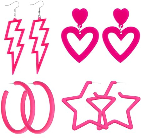 Katyjun Pinke Neon Ohrringe Damen, 80er Jahre Accessoires, Frauen Acryl Offen Creolen Modisch Runde Ohrringe