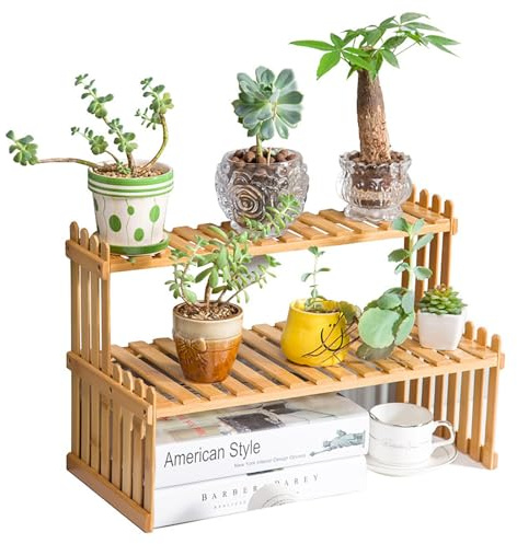 Gacqpli Bambus Pflanzenregal 2-stöckiger Pflanzentisch Blumentreppe Desktop Re-gal Organizer-Rack-Pflanzgefäß-Halter Pflanze Blumenständer Outdoor Blumenregal