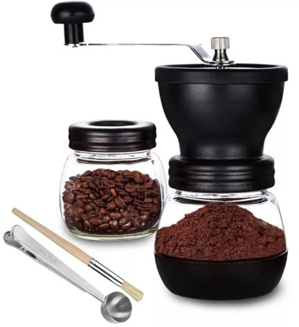 Manual Coffee Bean Grinder Handheld Adjustable Coarseness Ceramic Mill Grinder for Bean Spices with Brush and Spoon Hand Held Portable Coffee Mill Grinder Machine for Home Office