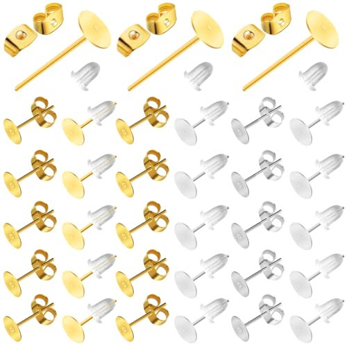 Teaaha 600 Stück Ohrstecker Rohlinge, Edelstahl Ohrringe Rohlinge, Flach Pad Ohrring Verschluss, DIY Ohrstecker Selber Machen, Ohrring Rücken für Schmuckherstellung (Silber, Gold)