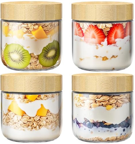 Haferbehälter für Übernachtung, mit Bambusdeckel, Glasdosen mit luftdichtem Deckel für Mahlzeitenzubereitung, breite Öffnung, Einmachgläser, Glasbehälter für Joghurt, Chia, Snacks, Gewürzzucker, 4