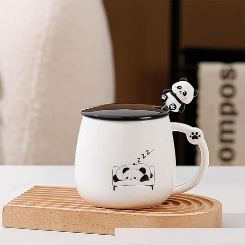 VollfitYYu Tasse à café mignonne avec couvercle - Tasse à café amusante avec cuillère panda 3D - En céramique - Motif panda mignon - Pour femme, enfant, homme, petite amie - Garçon (panda dormant)