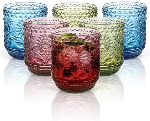 AstraLoom Trinkgläser Set bunt,6er Set Gläser Set 360ml - Spülmaschinengeeignet & Stapelbar-Wassergläser,Saft, Limo,Vintage-Design(Farbig)
