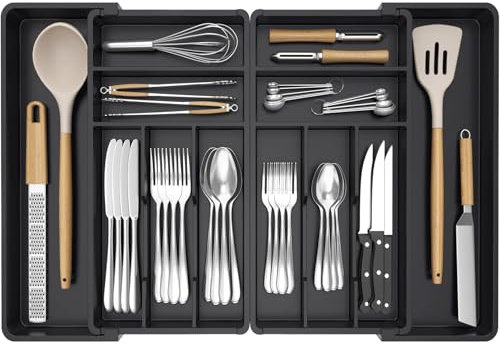 Lifewit Bandeja Grande para Cubiertos Cajon, Ancho de 46 a 70 cm, Organizador Vajilla Extensible de Cocina, Profundidad de 42,4 cm, Extraíble Separador Talheres, Porta de Utensilios/Cucharas, Negro