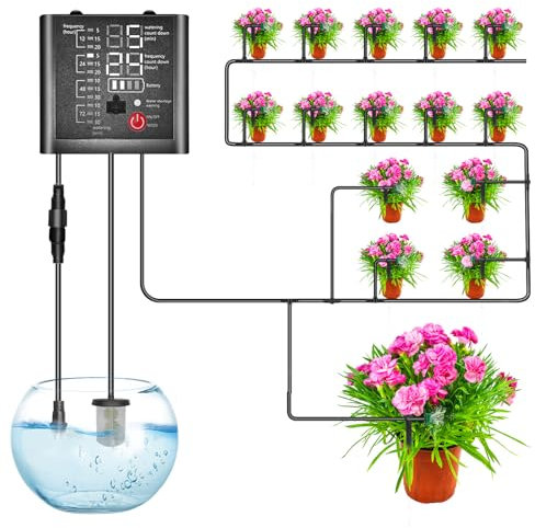 HELESIN Gardena - Sistema de riego con 12 temporizadores y 2 modos de carga, riego automático con manguera de 15 m para plantas en maceta, balcón, parterre e invernadero