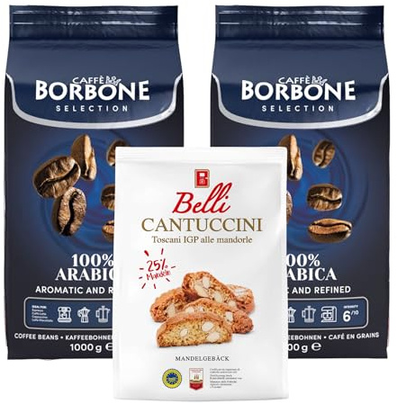 Caffè Borbone Kaffee Bohnen Set 2Kg 100% Arabica Selection + Belli Cantuccini Mandelgebäck 250g | Ganze Kaffeebohnen mittlere Röstung