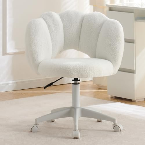 TRIOBLADE Boucle Desk Vanity Chair with Wheels 360°Swivel Dressing Table Makeup Accent Chairs with Adjustable Height Cloud Shape for Bedrooms Office Living Room Nail Women Girls (White)