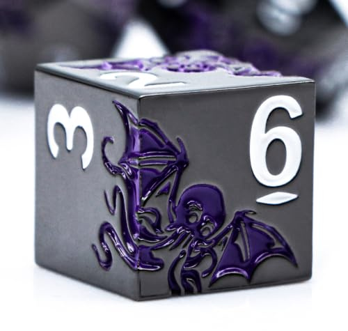 Krake Metall Würfel Set 7-teilig – Premium Polyedrische Rollenspiel Würfel mit Magnetischer Geschenkbox für TTRPG & Tabletop Spiele(Schwarz Lila)
