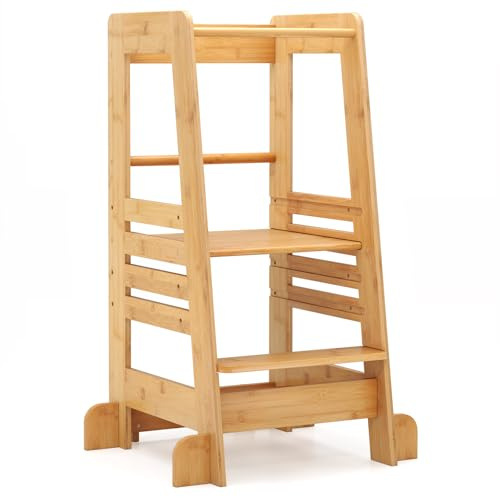 LIFEZEAL Tour d'apprentissage en Bambou pour Enfants à Hauteur Réglable | Escabeau Montessori pour Tout-petit avec Réglage sur 4 Niveaux, Barrières de Sécurité et Pieds Anti-basculement, Naturel