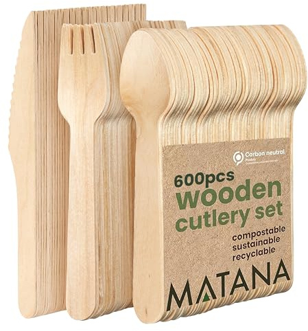 MATANA 600-Piece Wooden Cutlery Set – 200 Knives, 200 Forks & 200 Spoons, 16cm Birch Wood, Smooth Splinter-Free, Plastic-Free Cutlery for BBQs, Picnics, Weddings & Catering