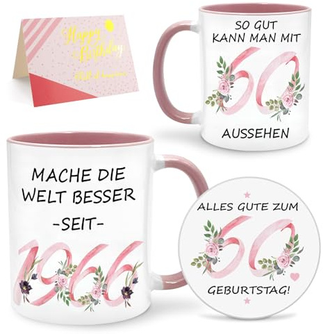 Geschenke zum 60. Geburtstag für Frauen, 1966 Tasse, Untersetzer für Frauen | Lustige Geschenke für Freundin Mutter Gattin Schwestern Freunde Kolleginnen, 60 Geburtstag Frau Deko