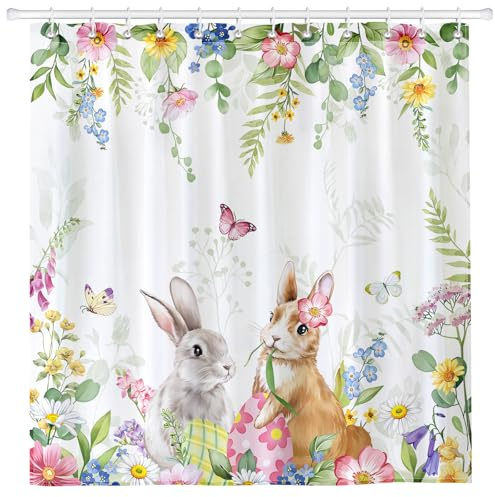 Arquiel Duschvorhang Ostern Hase Waschbar 182X182 cm Polyester Badezimmervorhang Dekor Frühling Blumen für Bad Dusche Badezimmer Mit 12 Ösen und Ringen