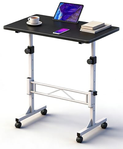 RayLove Scrivania regolabile in altezza con ruote, scrivania mobile per computer con 4 ruote richiudibili, in bianco e nero, compatibile con tapis roulant & Walking Pad, 80 cm x 40 cm, altezza 70