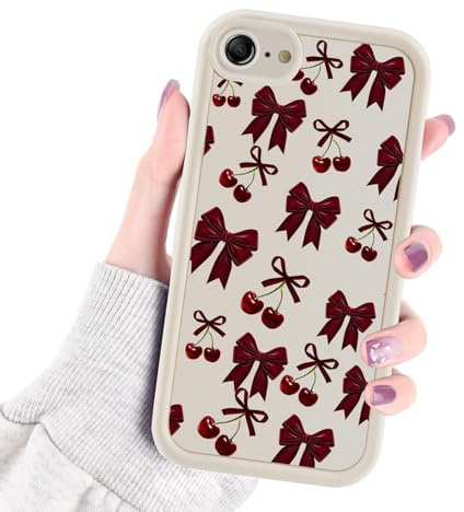 xtwooy Cherry Print Phone Case for iPhone 8/SE 2022/7/SE 2020 4.7 Soft | Bow,White,Pattern,Aesthetic,Design,Silicone,Anti-Slip,Shockproof,Protective Camera,Women,Girls,Shell,Boy,Red,Cover