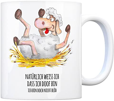 trendaffe Kaffeebecher mit Schaf Motiv und Spruch: Natürlich weiß ich, dass ich doof bin. Ich bin ja nicht blöd.