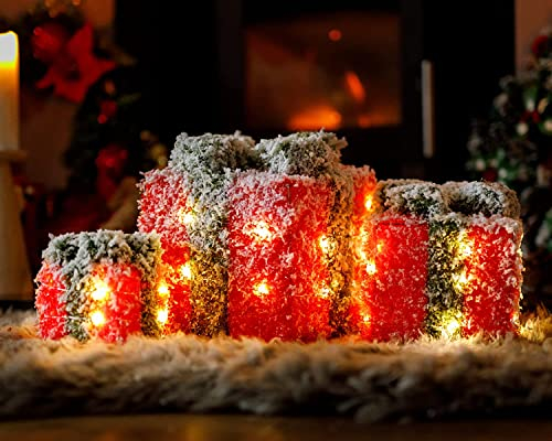 Marco Paul Set of 3 Novelty Sparkle Snow Topped Gift Boxes with Red LED Lights Battery Powered Classic Red and Green Fairy Lights Decorative Box Christmas Decorations Xmas Pre-Lit Ornament