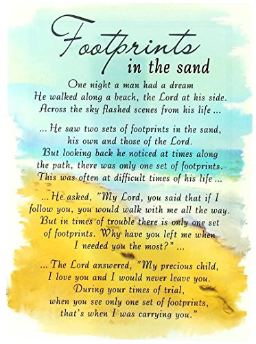 Special Thoughts Loving Memory Open Graveside Memorial Card - Footprints In The Sand, Aqua, Yellow, Grey, 6.5 x 4.75