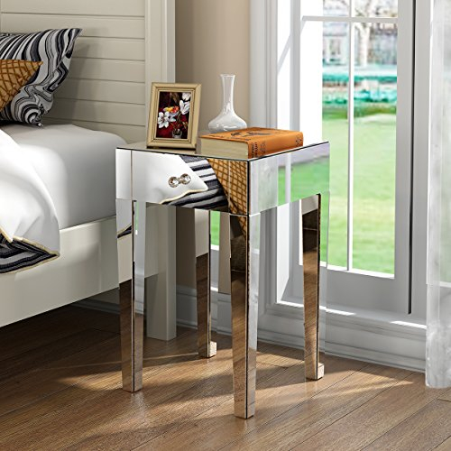 Anaelle Pandamoto Table de Chevet Miroir Meuble de Rangement en Verre avec 1 Tiroir sur Salon, Chambre, Bureau Salle de Bains etc, Taille: 40 * 40 * 65cm, Poids: 18kg