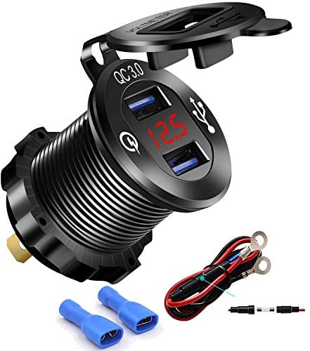 Quick Charge 3.0 USB Charger Socket Dual USB Car Power Outlet Waterproof Marine Cigarette Lighter Adapter 36W Fast Charge with LED Voltmeter for 12V/24V Boat Motorcycle ATV Bus Truck (Black)