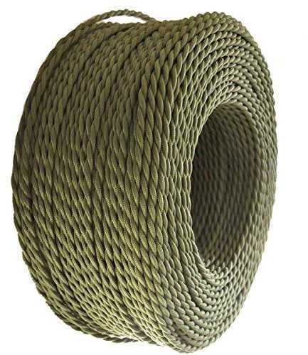 10m 3 Core Twisted Vintage Italian Style Braided Electrical 6mm Cable with Earth Wire, Army Green Antique Rope Woven Silk Lighting Flexible Fabric 0.75mm Cord
