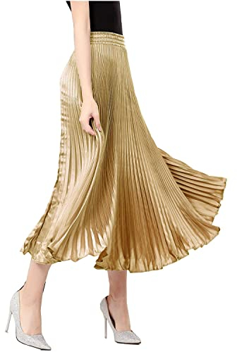 TONCHENGSD Damen Satin Metallic Plissee Akkordeon Lang Maxi Rock - Gold - Einheitsgröße
