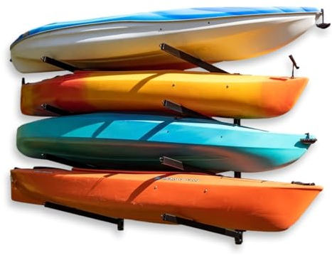 Outdoor 4 Kayak Storage Rack Wall Mount, Holds 400 Lbs, All Weather HeavyDuty Metal Organizer, Adjustable Levels