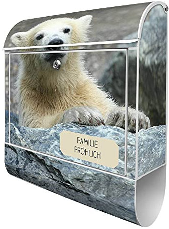 banjado® Design Briefkasten personalisiert mit Eisbär Baby 38,5x46,5x13cm & 2 Schlüssel - Briefkasten Stahl weiß mit Zeitungsfach pulverbeschichtet - Postkasten A4 Einwurf inkl. Montagematerial