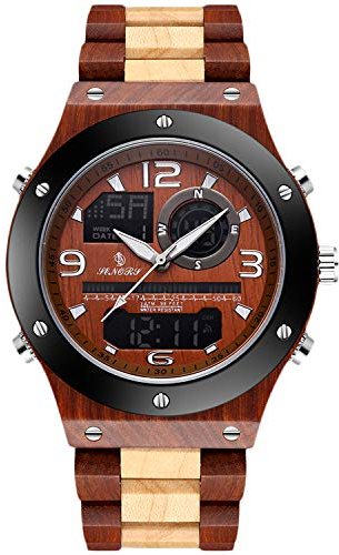 rorios Herren Holz Uhren Multifunktions Quarzuhr mit Stoppuhr Alarm Digitale Handgefertigte Holzuhren Leuchtuhr für Männer Chronograph Armbanduhr