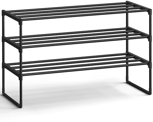 SONGMICS Shoe Rack, 3-Tier Shoe Organizer, Metal Storage Shelf, Upright or Upside Down, for 16-20 Pairs, Stackable, for Entryway, 11.8 x 36.2 x 21.7 Inches, Black ULSA303B02