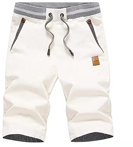 HCSS Short Homme en Coton Casual Shorts Bermudas Slim Fit Taille éLastiquéE Chino Short(Blanc-M)
