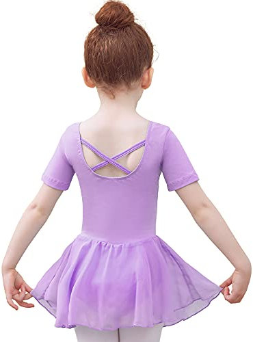 Tancefair Girls Ballet Dress Short Sleeve Ballerina Outfit Cotton Ballet Leotard with Chiffon Skirt Short/Long Sleeve Gymnastics Dance Leotard Purple