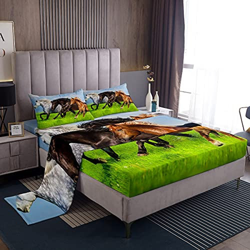 Set di biancheria da letto per cavalli Set di lenzuola per animali selvatici 3D bambini adolescenti galoppo lenzuola per cavalli Set di letti in stile fauna selvatica 4 pezzi matrimoniale