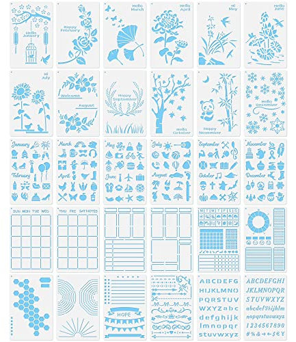 Midenco Bullet Journal Stencil Set - 30 Schablonen für Tagebuch, Scrapbook Bujo Zubehör Kit mit monatlichen saisonalen Ferienthemen