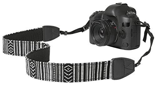 MoKo Sangle pour Caméra, Ceinture de Cou en Toile de Coton Tressée avec Bandoulière Réglable pour Tous Les Appareils Photo Numériques DSLR Canon, Fuji, Nikon, Olympus, Pentax, Sony - Noir & Blanc