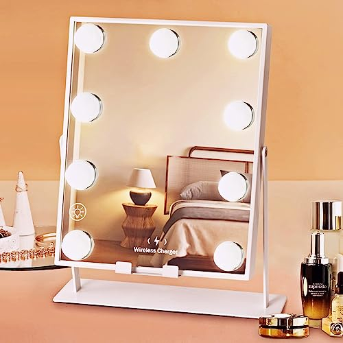 OSDUE Hollywood Vanity Mirror with Lights, Lighted Vanity Mirror with Bluetooth and Wireless Charging Makeup Mirror, Touchscreen Control with 9 Dimmable LED Bulbs,10x Magnification, 3 Color Modes