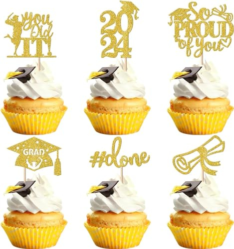 24 Stück 2025 Abschluss Tortendeko, 2025 Graduation Cupcake Toppers So Proud of You Kuchen Deko Grade Cap Torten Dekorationen für 2025 Abschluss Party Kuchen Dekoration Gold