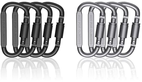 ODLY Locking Carabiner Clip - Durable Aluminum Alloy D-Ring Clips for Camping, Hiking, Traveling - Strong, Lightweight, and Secure Keyring Hook - Ideal for Outdoor Activities (2x Black, 2x Grey)