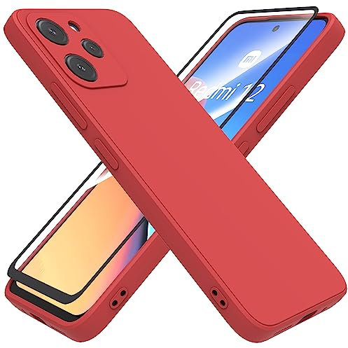 HHUIWIND Funda Silicone Case para Xiaomi Redmi 12 4G / 5G (6.79) + Cristal Templado Protector,Carcasa Protectora Movil Silicona Ultra-Fina Gel Estuche - Rojo