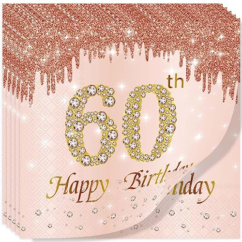 Yiran Servietten 60. geburtstag, 20Stück Roségold Happy Birthday Servietten 33cm x 33cm Papierservietten, Deko 60 geburtstag für Frau Geburtstag Feiern Decorations Party Jubiläum