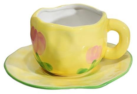 Juego de taza de café de cerámica personalizada creativa de 300 ml/283.5 g, taza y plato de tulipán amarillo A-201-300 ml