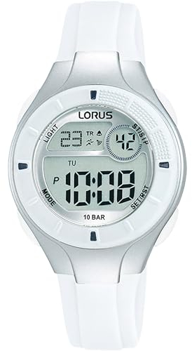 Lorus Digitale Multifunktionsuhr für Kinder, 100 m (31 mm), digitales Zifferblatt/weißes PU-Armband R2349PX9