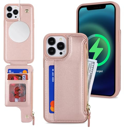 SailorTech iPhone 13 Pro Max Case with Credit Card Holder magsafe, iPhone 13 Pro Max Phone Leather Case Wallet for Women Compatible mag safe Card Slots Zipper Shockproof Case for Men - Rose Gold