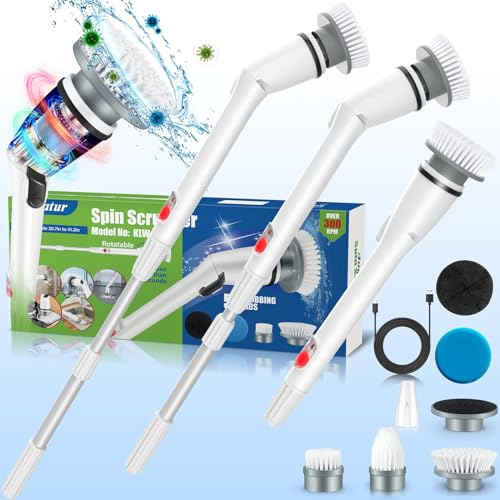 Auqatur Power Scrubber, Electric Spin Scrubber, Electric Scrubbing Brush with Adjustable Stretchable Arm and 5 Replacement Brush Heads, USB Charging for Cleaning Bathroom Bathtub Kitchen Tile Floor
