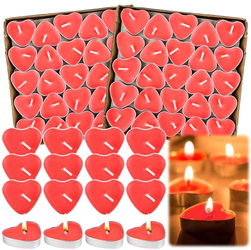 100 Stück Herz Kerzen Teelichter, Romantische Liebe Unparfümierte Teelichter Kerzen, Rauchfreie Herz Kerzen für Valentinstag, Geburtstag, Vorschlag, Party, Jubiläum