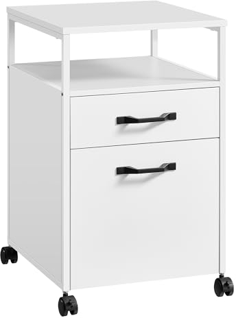 VASAGLE Rollcontainer, Aktenschrank mit 2 Schubladen, mobiler Büroschrank mit Rädern, offenes Fach, Hängeregistratur, Stahlgestell, modern, wolkenweiß OFC071W14