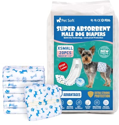 Pet Soft Hundewindeln für Rüden, 20 Stück Einweg-Windeln für Rüden, Hochsaugfähige Rüdenwindeln mit Nässeindikator und Auslaufsicher (XS-20 Stück)